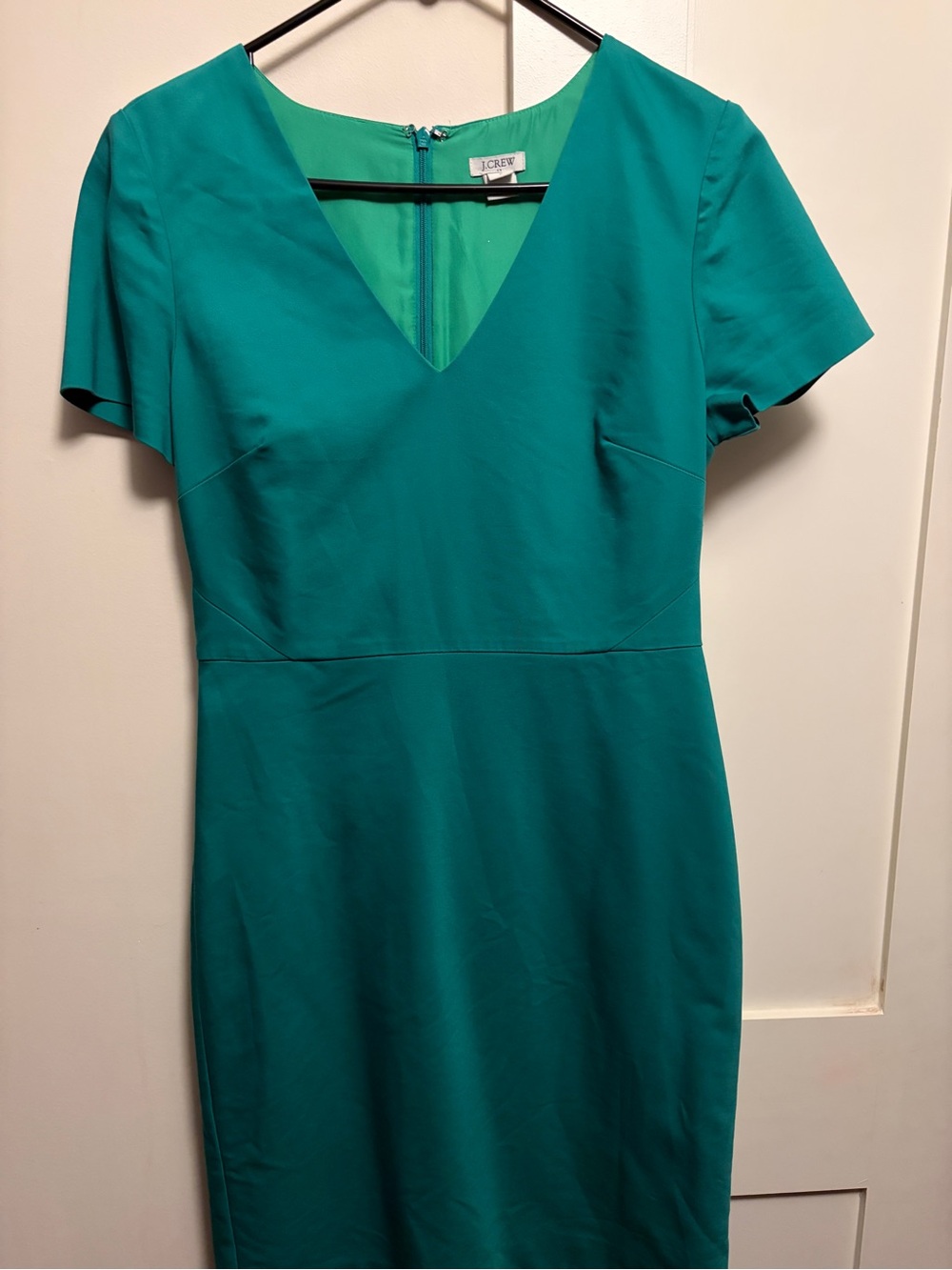 J. Crew Green V-Neck Sheath Dress with Short Sleeves